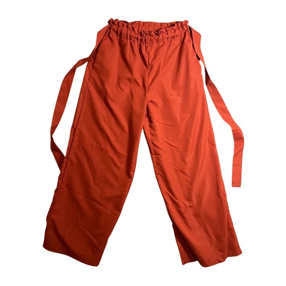 Does not apply Pants - Women's Burnt Orange Paperbag Waist Wide Leg Pants with Tie Belt Size L